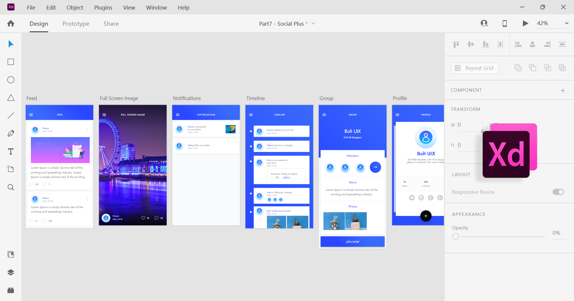 Adobe XD : App UI UX design 07 - Social Network UI